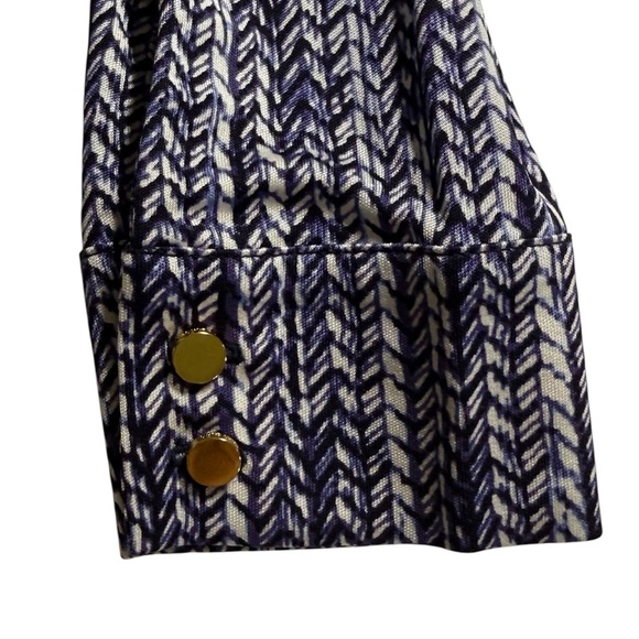 Tory Burch 100% silk belted shirt dress gold logo cuff buttons blue ivory small - Picture 10 of 15